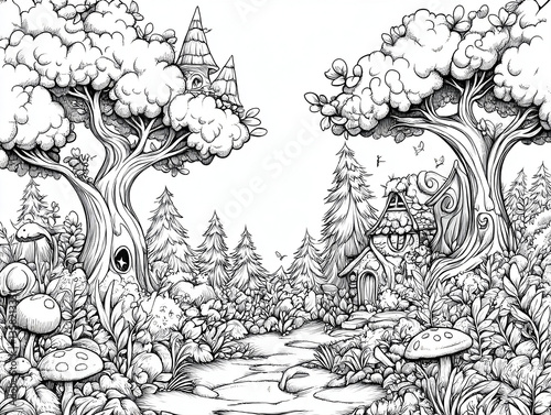 Wallpaper Mural Whimsical Forest Coloring Page with Fairy Houses Torontodigital.ca