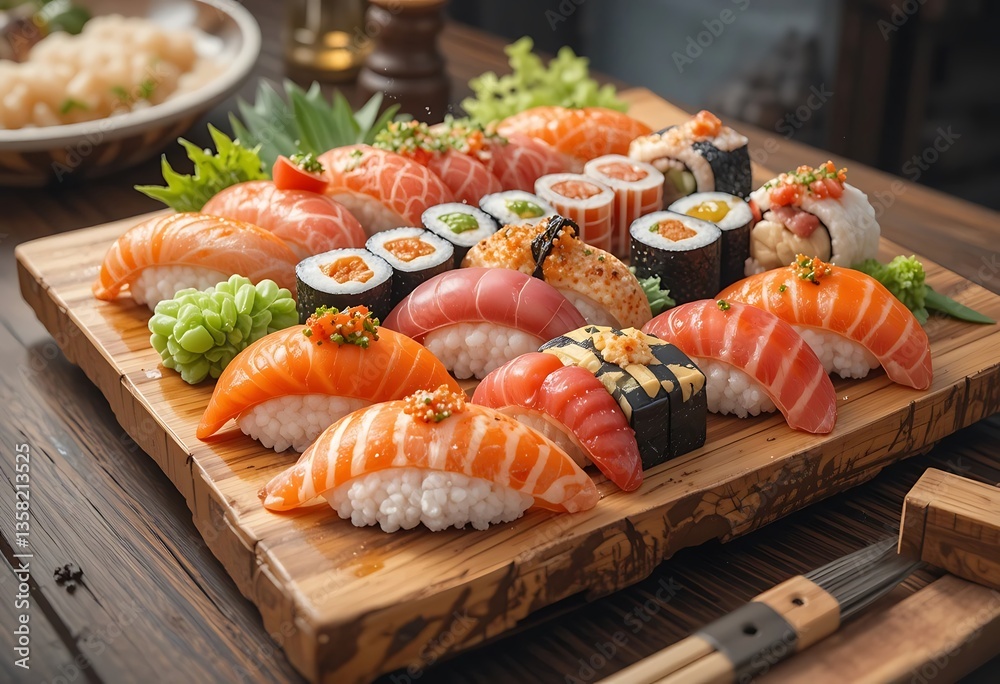 Assorted sushi and rolls beautifully arranged on a wooden board ready to be served and enjoyed by diners Assorted sushi and rolls beautifully arranged on a wooden board ready to be served and enjoyed by diners