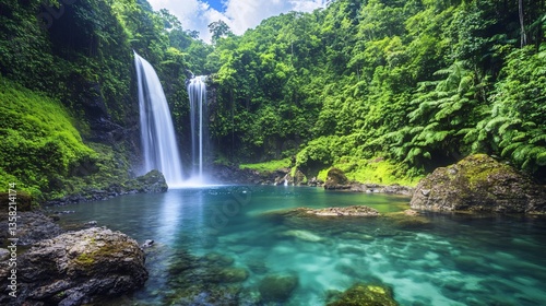 Lush Greenery and Crystal-Clear Waterfalls Flowing Into Secluded Tropical Lagoons
