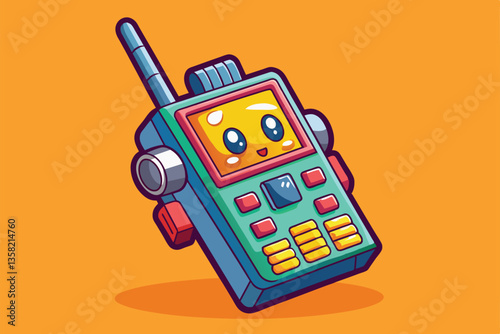 A cheerful cartoon walkie talkie features bright colors and a friendly expression, showcasing its playful design, Walkie talkie Customizable Cartoon Illustration