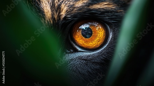 Close-Up of a Wild Animal Eye Surrounded by Green Leaves