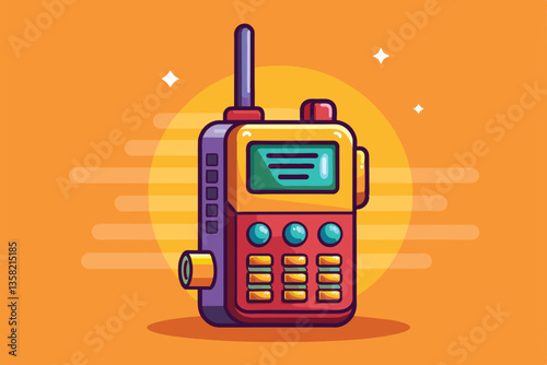 A colorful cartoon-style walkie talkie is illustrated against a bright orange background, showcasing its features, Walkie talkie Customizable Cartoon Illustration