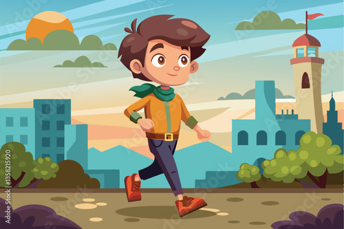 A cheerful cartoon character strolls along a path, enjoying a scenic city view at sunset, Walking around Customizable Cartoon Illustration