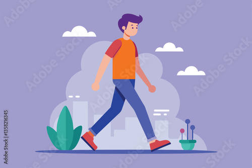 A young individual strolls casually in a quirky, semi-flat urban landscape with greenery, Walking around Customizable Semi Flat Illustration