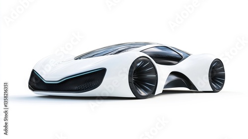 Sleek white futuristic concept car isolated on white background.