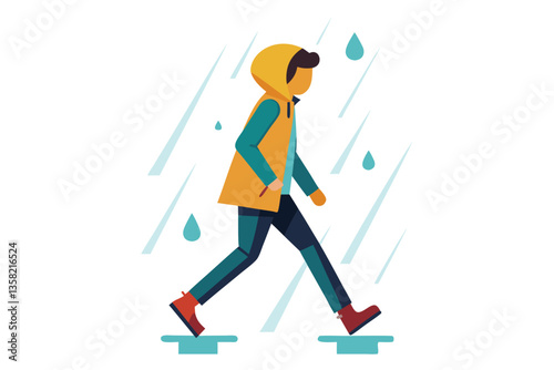 Someone walks in the rain with a bright yellow raincoat and sturdy boots, enjoying the wet weather, walking in the rain isolated white background