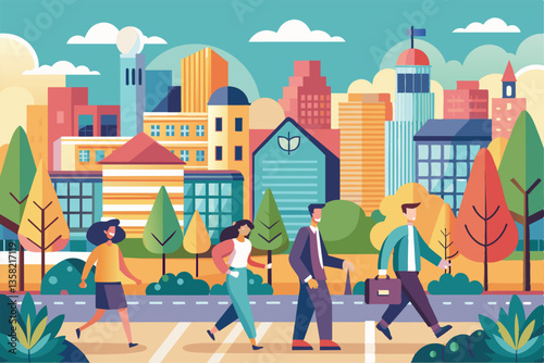 People stroll through a colorful urban landscape filled with trees and vibrant buildings on a sunny day, Walk in the city Customizable Flat Illustration