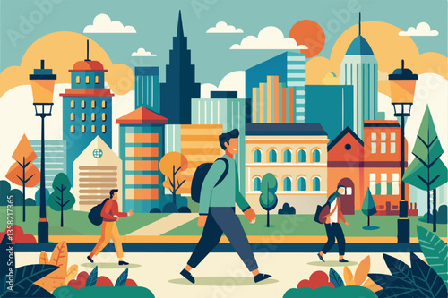 Three individuals stroll through a lively city park, surrounded by colorful buildings and green trees, Walk in the city Customizable Semi Flat Illustration