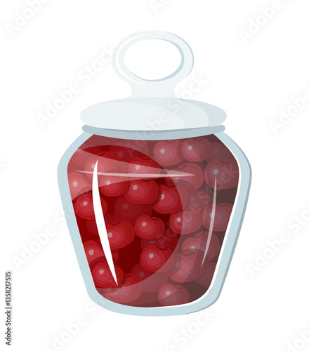 Vector illustration of a jar filled with red berries, featuring a glass jar with a handle and a white lid. The scene captures preserved food in a container.