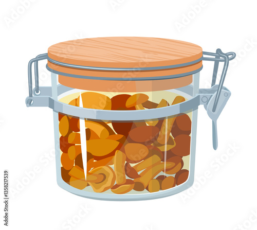 Vector illustration of a jar filled with pickled chanterelles and honey mushrooms, featuring a glass jar with a wire-clasp lid. The scene captures preserved food in a container.