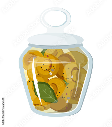 Vector illustration of a jar filled with pickled champignon mushrooms, featuring a glass jar with a white lid and a handle. The scene captures preserved food in a container.
