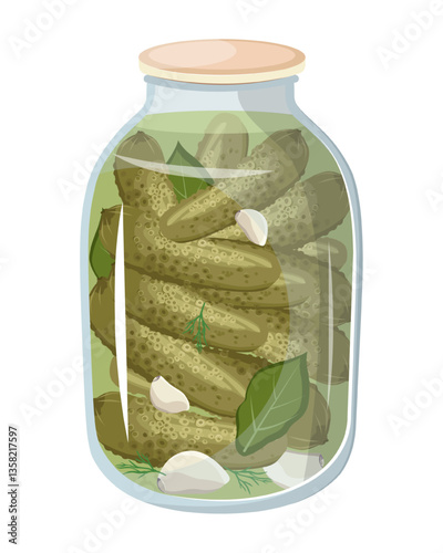 Vector illustration of a jar filled with pickled cucumbers, featuring a glass jar. The scene captures preserved food in a container.