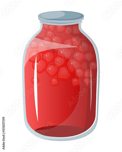 Vector illustration of a classic Slavic three-liter jar filled with raspberry and strawberry compote, featuring a glass jar. The scene captures preserved food in a container.