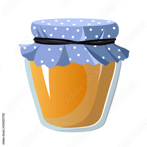 Vector illustration of a jar filled with honey, featuring a glass jar with a fabric top. The scene captures preserved food in a container.