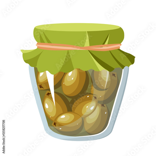 Vector illustration of a jar filled with pickled olives, featuring a glass jar with a fabric top. The scene captures preserved food in a container.