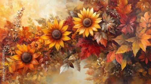 Autumn Sunflowers and Red Leaves Painting