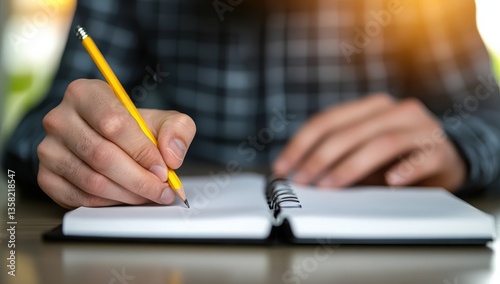 Person Writing in Notebook with Yellow Pencil and Checkered Shirt