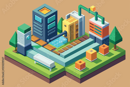 A detailed isometric illustration depicts a dynamic urban landscape featuring buildings, trees, and pathways, Wall post Customizable Isometric Illustration
