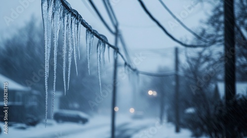 Frigid Landscape Transformed by Icicles and Power Lines Post Ice Storm