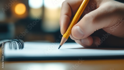 Close Up of Hand Holding Yellow Pencil on Blank Notebook Page