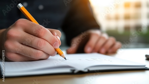 Creative Writing With Orange Pencil On Open Notebook
