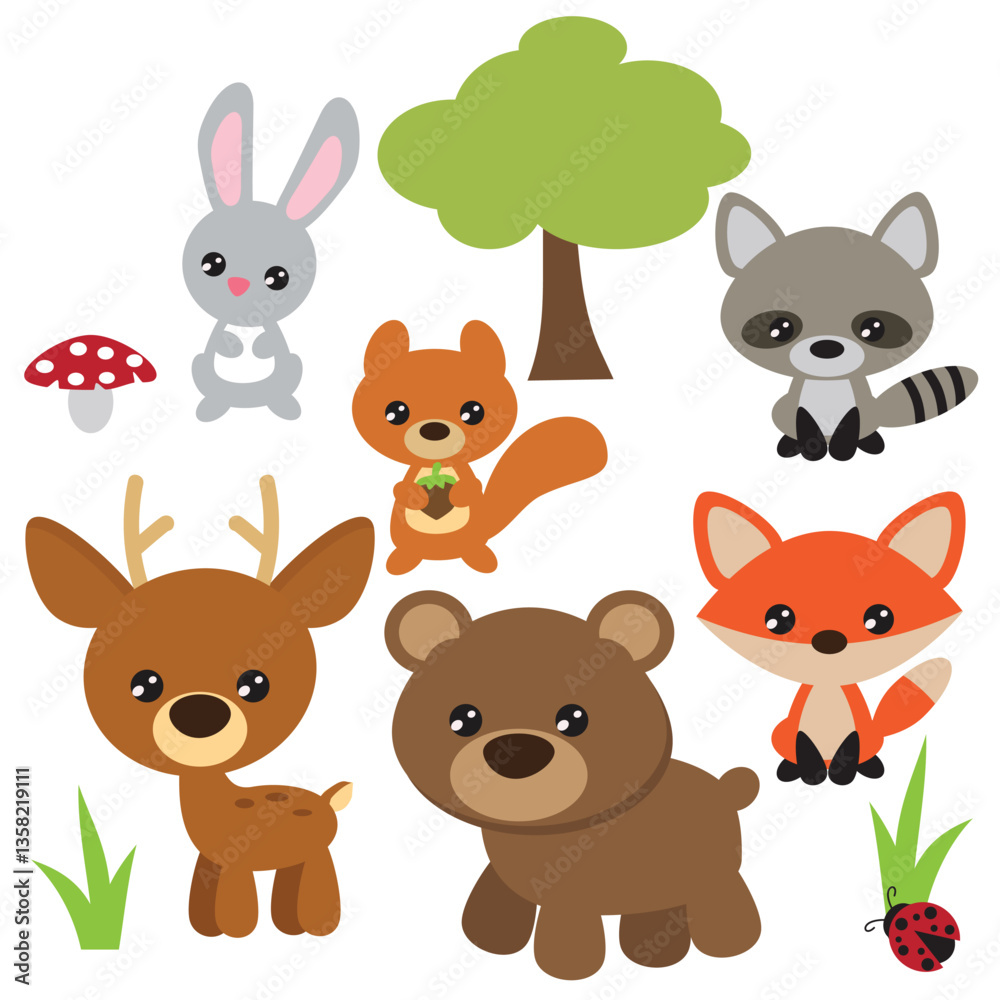 Fototapeta premium Cute baby forest animals collection vector cartoon illustration
