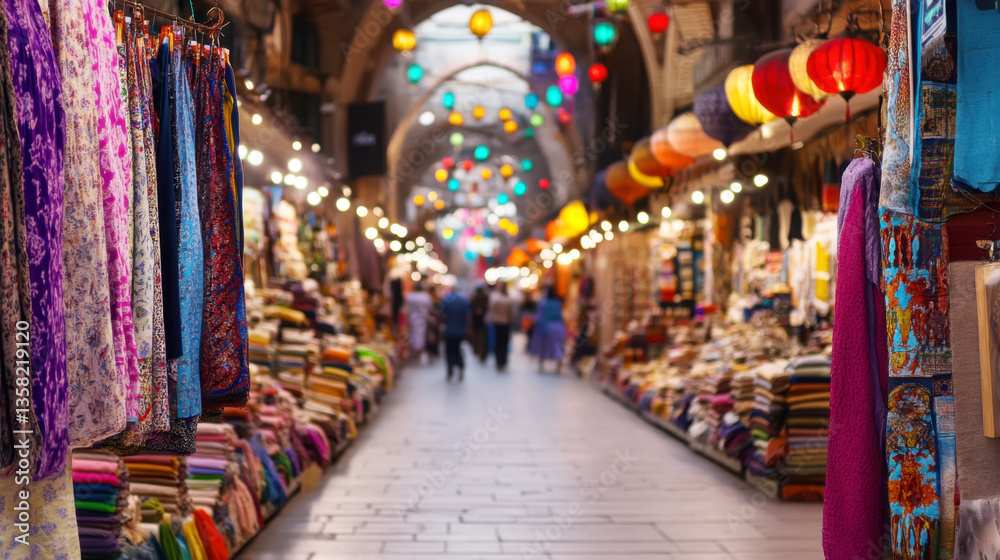 Obraz premium Vibrant bazaar in istanbul featuring colorful textile stalls and lanterns