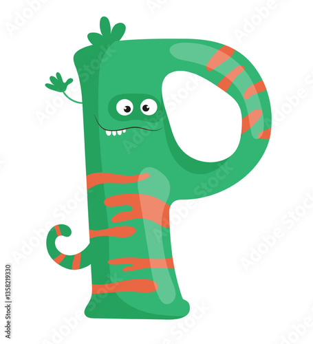 Vector illustration of the letter P as a monster character, featuring a green design with eye and mouth. The scene captures a playful alphabet letter.