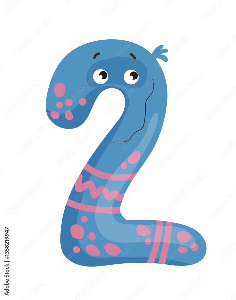 Naklejka premium Vector illustration of the number 2 as a monster character, featuring a blue design with stripes. The scene captures a playful number.