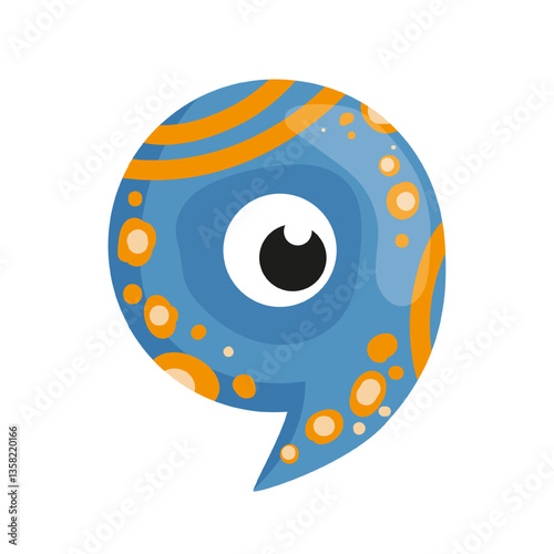 Vector illustration of a speech bubble and comma, featuring a blue design with eye. The scene captures a playful monster speech bubble and comma.
