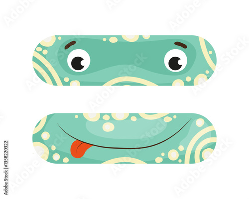 Vector illustration of an equals sign, featuring a green design with eyes. The scene captures a playful monster equals sign.
