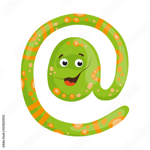 Vector illustration of an at sign, featuring a green design with eye. The scene captures a playful monster at sign.