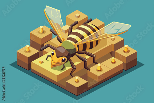An engaging isometric illustration highlighting various aspects of wasp allergy awareness and treatment, Wasp allergy Customizable Isometric Illustration