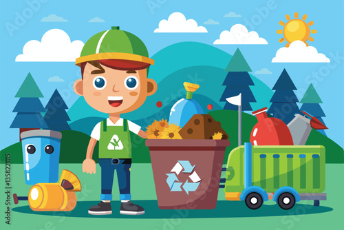 A cheerful young boy engages in recycling activities surrounded by nature, promoting waste management awareness, Waste management Customizable Cartoon Illustration
