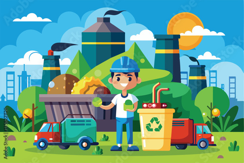A cheerful character promotes waste management practices surrounded by recycling vehicles and facilities, Waste management Customizable Cartoon Illustration