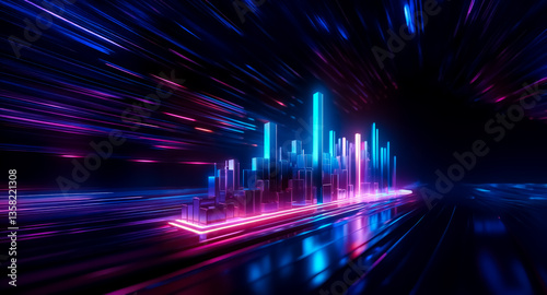 Neon cityscape glows vibrantly against a dark  blurred backdrop. Bright blue and pink lights form abstract buildings and reflections. Dynamic  futuristic scene.