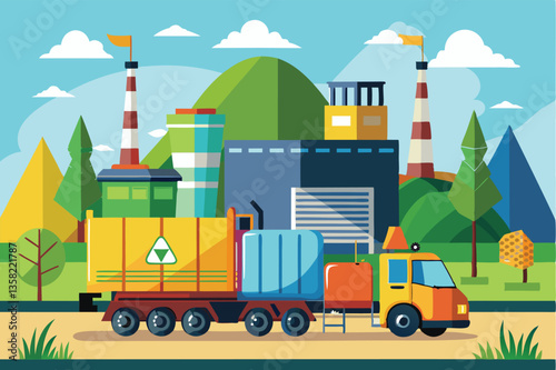 A vibrant truck is delivering waste materials to a processing plant nestled amid rolling hills and trees, Waste processing concept, Truck brings colorful containers to station,