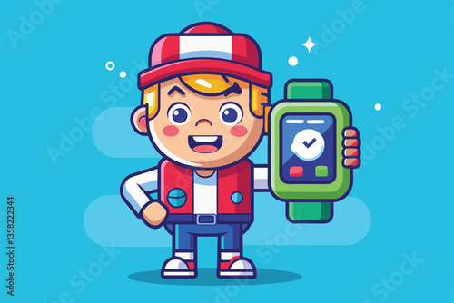 A cheerful cartoon boy proudly displays his customizable watch app in a colorful setting, Watch app Customizable Cartoon Illustration