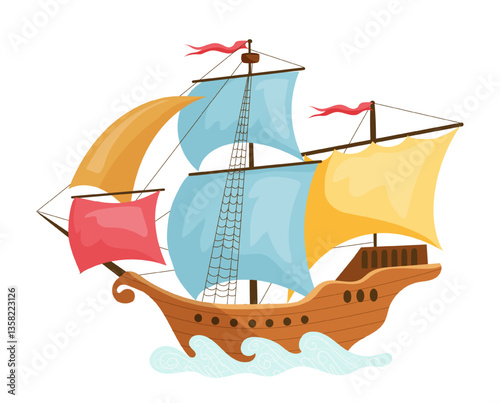 Detailed vector illustration of a pirate ship with detailed sails and rigging. The scene captures a classic pirate vessel.