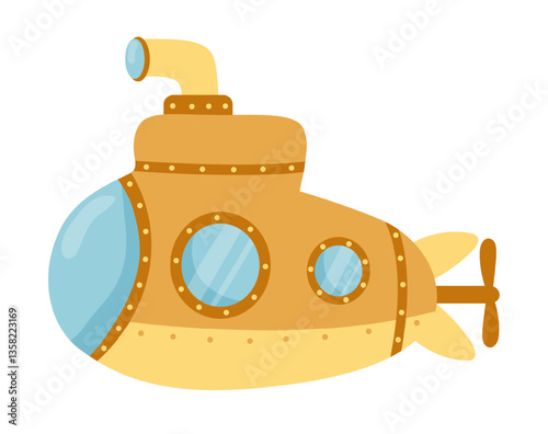 Charming vector illustration of a yellow submarine with portholes. The scene captures an underwater travel and nautical theme.