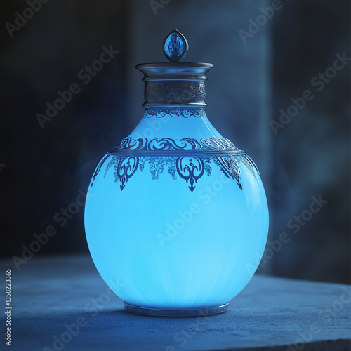 Sleek silver potion flask glowing with a soft blue luminescence, epitomizing modern mystic elegance vibrantly