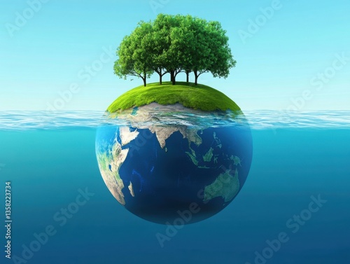 Half-Submerged Earth with Lush Green Island in Ocean Under Clear Blue Sky, Environmental Protection and Climate Change Contrast Concept