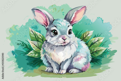 A charming rabbit with fluffy fur is nestled among green leaves, showcasing its playful nature in watercolor, watercolor of cute bunny