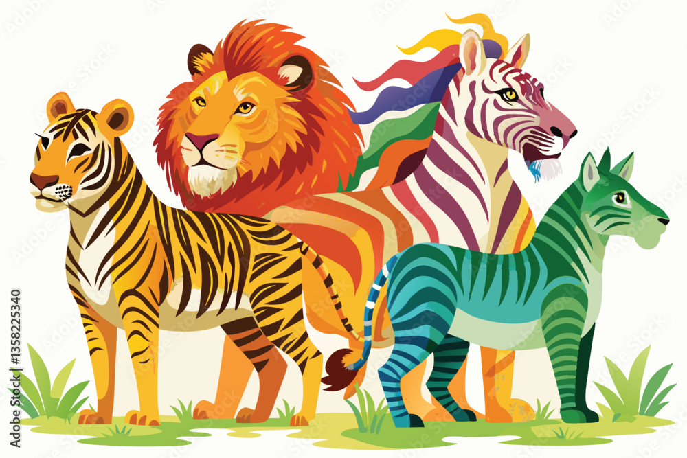 Fototapeta premium A vibrant watercolor vector displays a zebra, turtle, tiger, and lion together in a lively and engaging composition, Watercolor vector of zebra, turtle, tiger, and lion from Safari Animal set