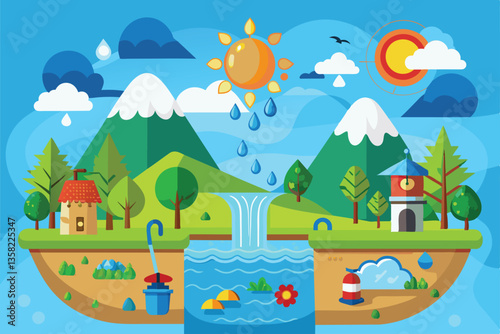 This colorful illustration shows the water cycle with mountains, a river, sun, and greenery, Water cycle Customizable Cartoon Illustration