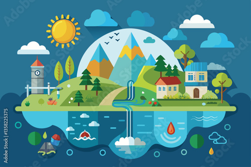The vibrant landscape illustrates the water cycle: evaporation, condensation, and precipitation stages, Water cycle Customizable Disproportionate Illustration