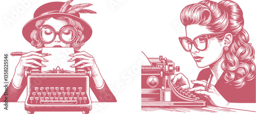 Engraved Woman with Large Glasses Typing on a Retro Typewriter, Embracing Vintage Charm Design pink color