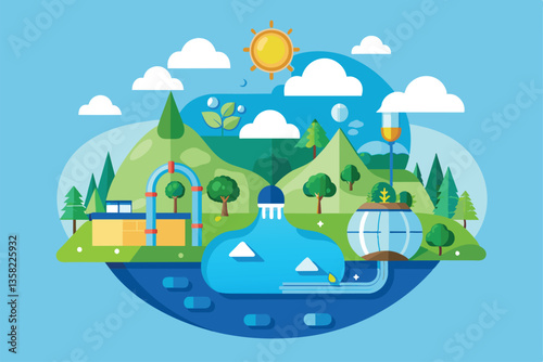 A vibrant depiction of the water cycle featuring landscapes, sun, and plants showcasing water movement and processes, Water cycle Customizable Semi Flat Illustration