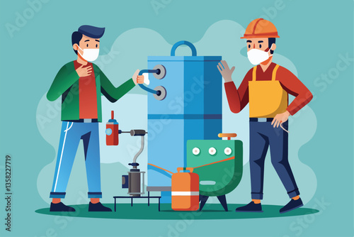 Two workers, wearing masks and work uniforms, inspect a water heater in a residential space, Water heater repair, Two men in masks and work suits fix plumbing problems