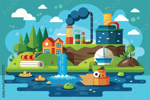 The illustration shows a river polluted with industrial waste and debris from factories nearby, Water pollution Customizable Flat Illustration